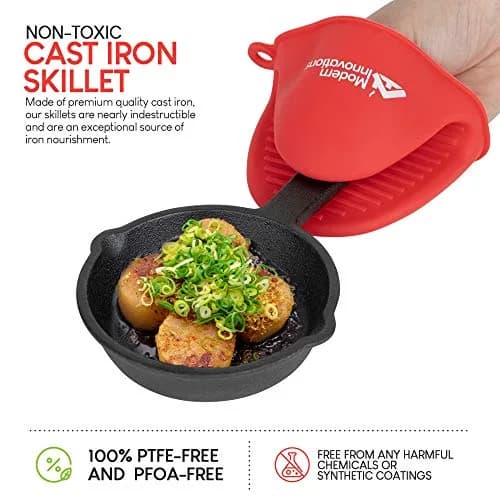 Modern Innovations Mini Cast Iron Skillet Set with Silicone Mitt (4 Count) - 3.5 Inch Pans | Pre-Seasoned for Eggs & Desserts thumbnail 2