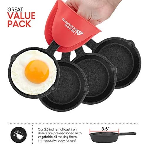 Modern Innovations Mini Cast Iron Skillet Set with Silicone Mitt (4 Count) - 3.5 Inch Pans | Pre-Seasoned for Eggs & Desserts thumbnail 3