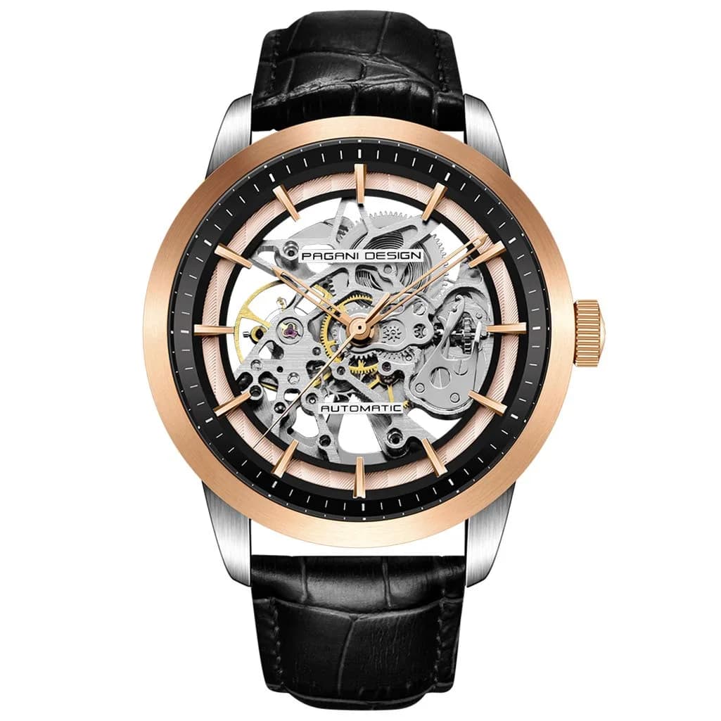PAGANI DESIGN Automatic Skeleton Mechanical Watch for Men | 43mm Stainless Steel Case, 21mm Black Leather Strap — black gold 1638