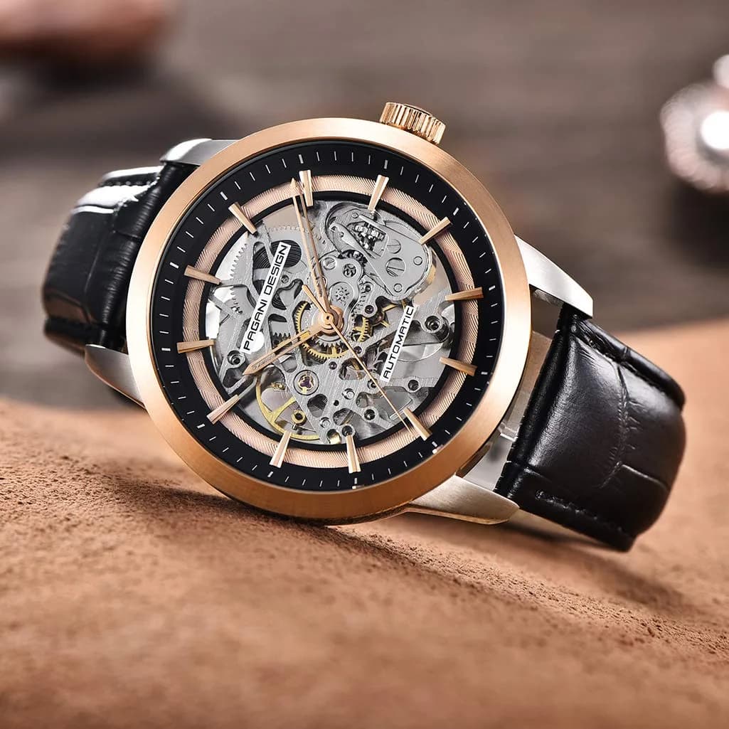 PAGANI DESIGN Automatic Skeleton Mechanical Watch for Men | 43mm Stainless Steel Case, 21mm Black Leather Strap - view 2