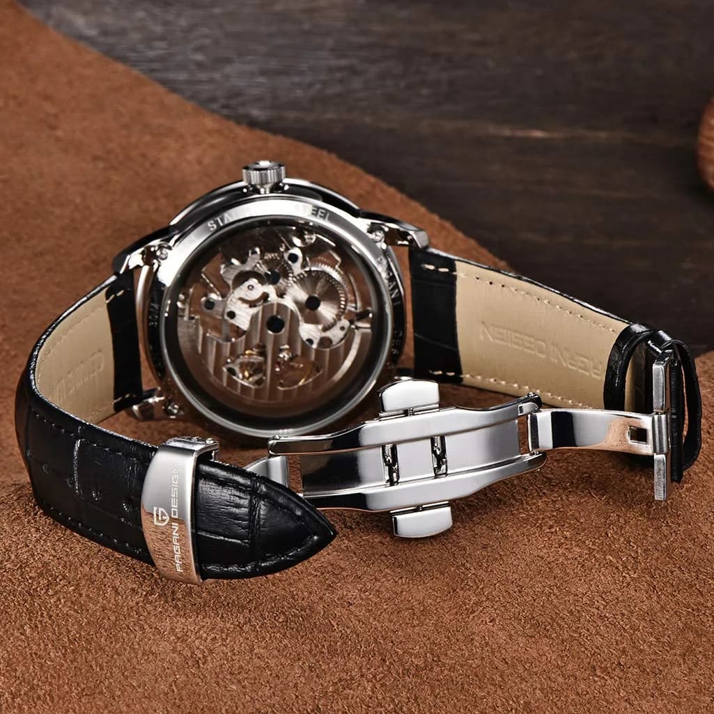 PAGANI DESIGN Automatic Skeleton Mechanical Watch for Men | 43mm Stainless Steel Case, 21mm Black Leather Strap - view 4
