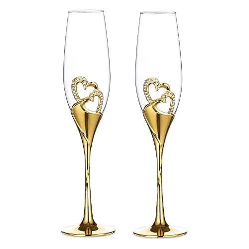 LANLONG Wedding Champagne Goblets 200ml | Heart-Rhinestone Glasses for Bride & Groom thumbnail 1
