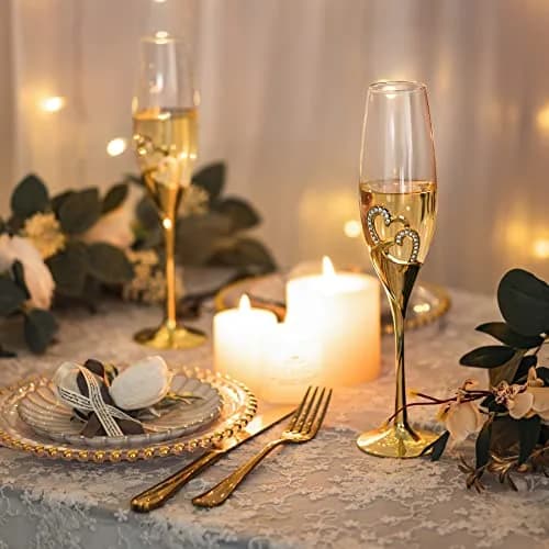 LANLONG Wedding Champagne Goblets 200ml | Heart-Rhinestone Glasses for Bride & Groom thumbnail 2