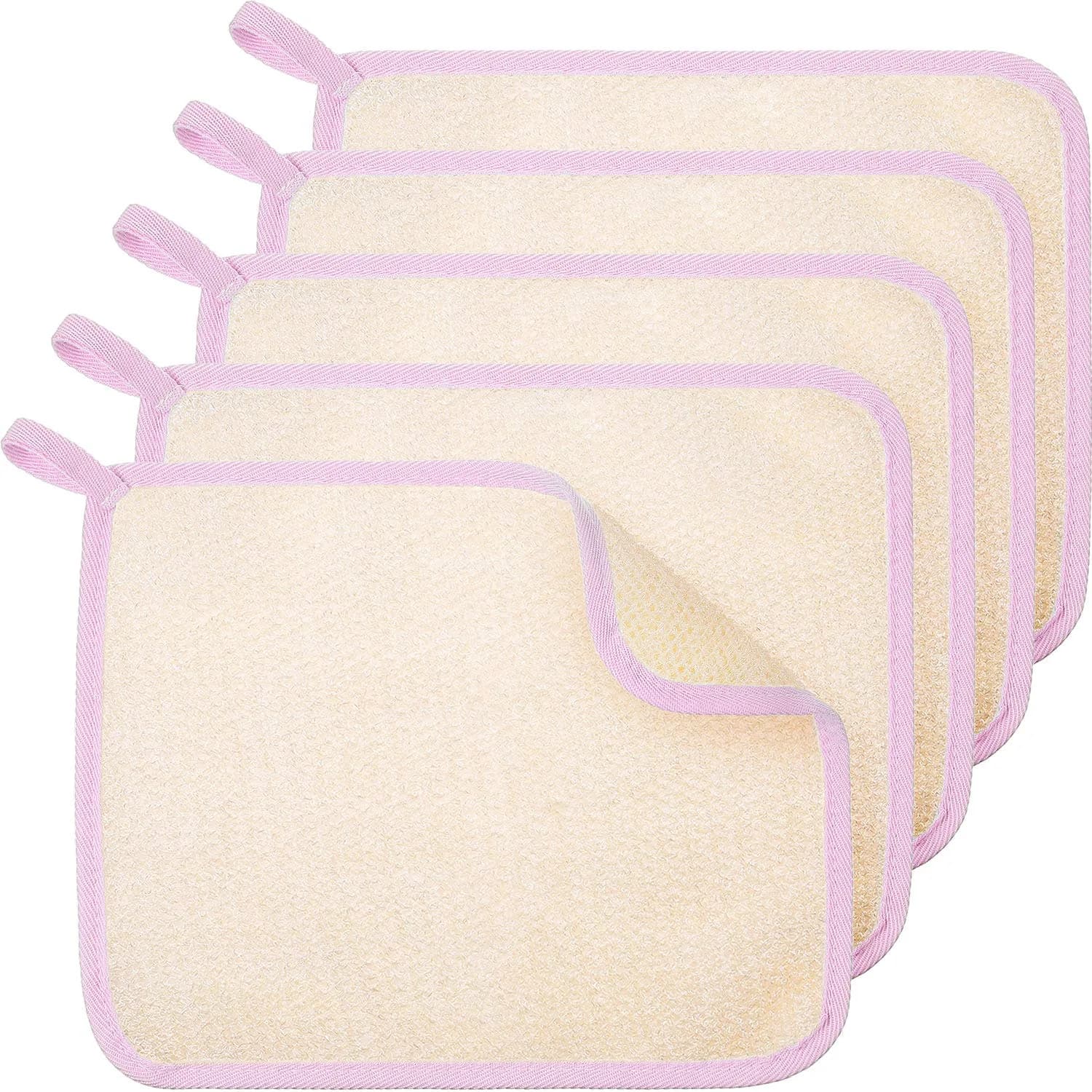 Tatuo 5 Pcs Exfoliating Washcloth, Pink Edge, 27cm x 23cm (10.6in x 9.1in) | Dual-Sided Nylon Scrub & Soft Texture - main product image