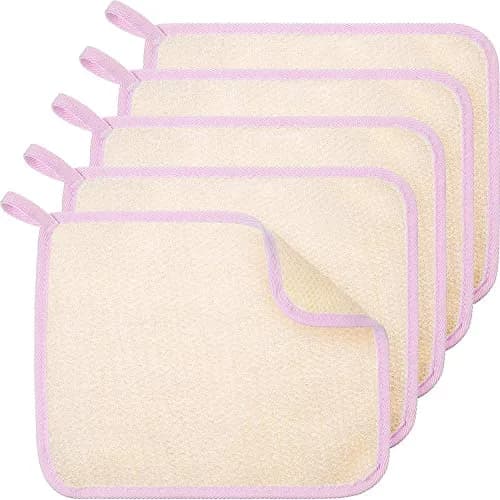 Tatuo 5 Pcs Exfoliating Washcloth, Pink Edge, 27cm x 23cm (10.6in x 9.1in) | Dual-Sided Nylon Scrub & Soft Texture thumbnail 1