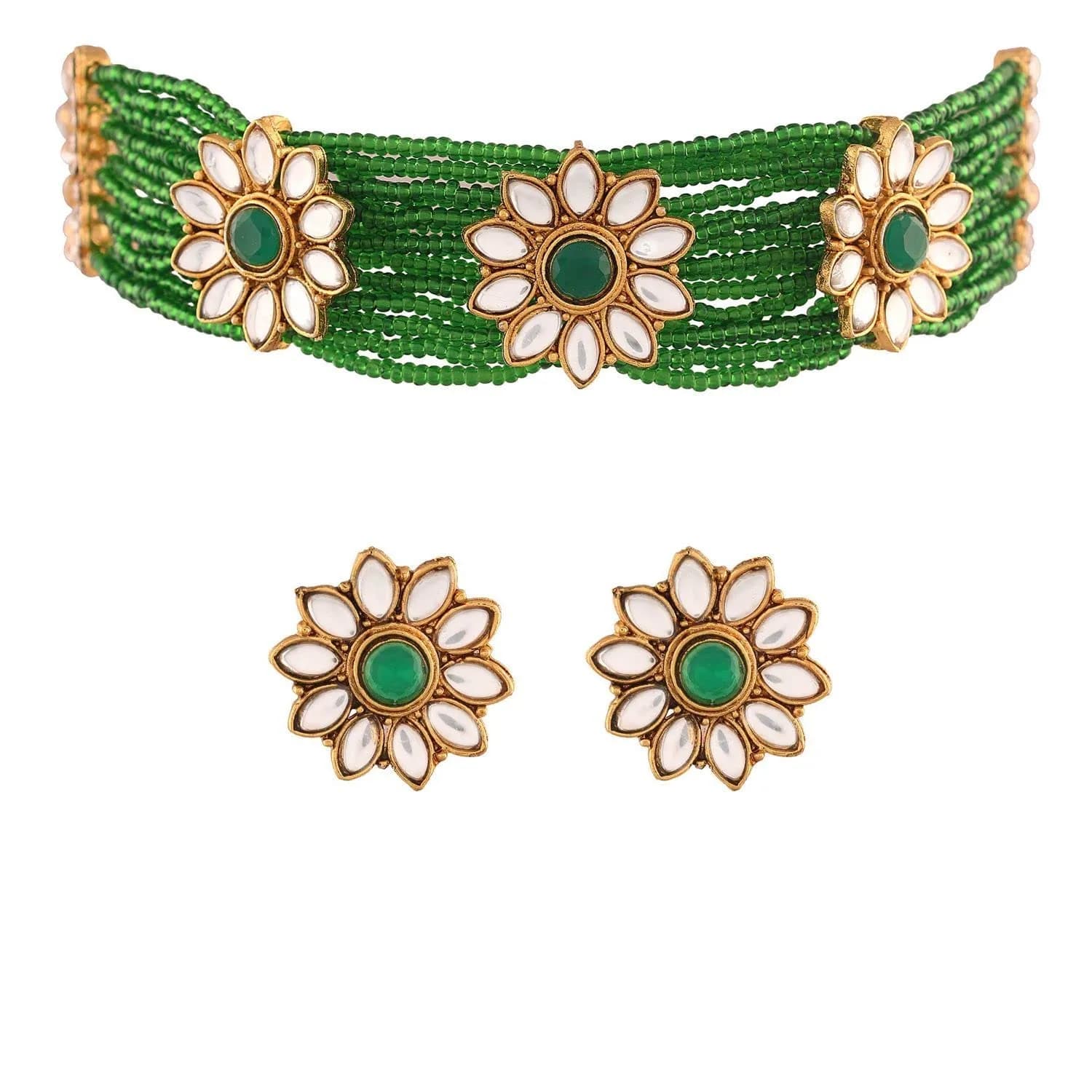 I Jewels Gold Plated Beaded Floral Choker Jewelry Set with Faux Kundan & Earrings for Women (ML228G) | 22.5 cm Necklace Length - main product image