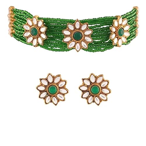 I Jewels Gold Plated Beaded Floral Choker Jewelry Set with Faux Kundan & Earrings for Women (ML228G) | 22.5 cm Necklace Length thumbnail 1