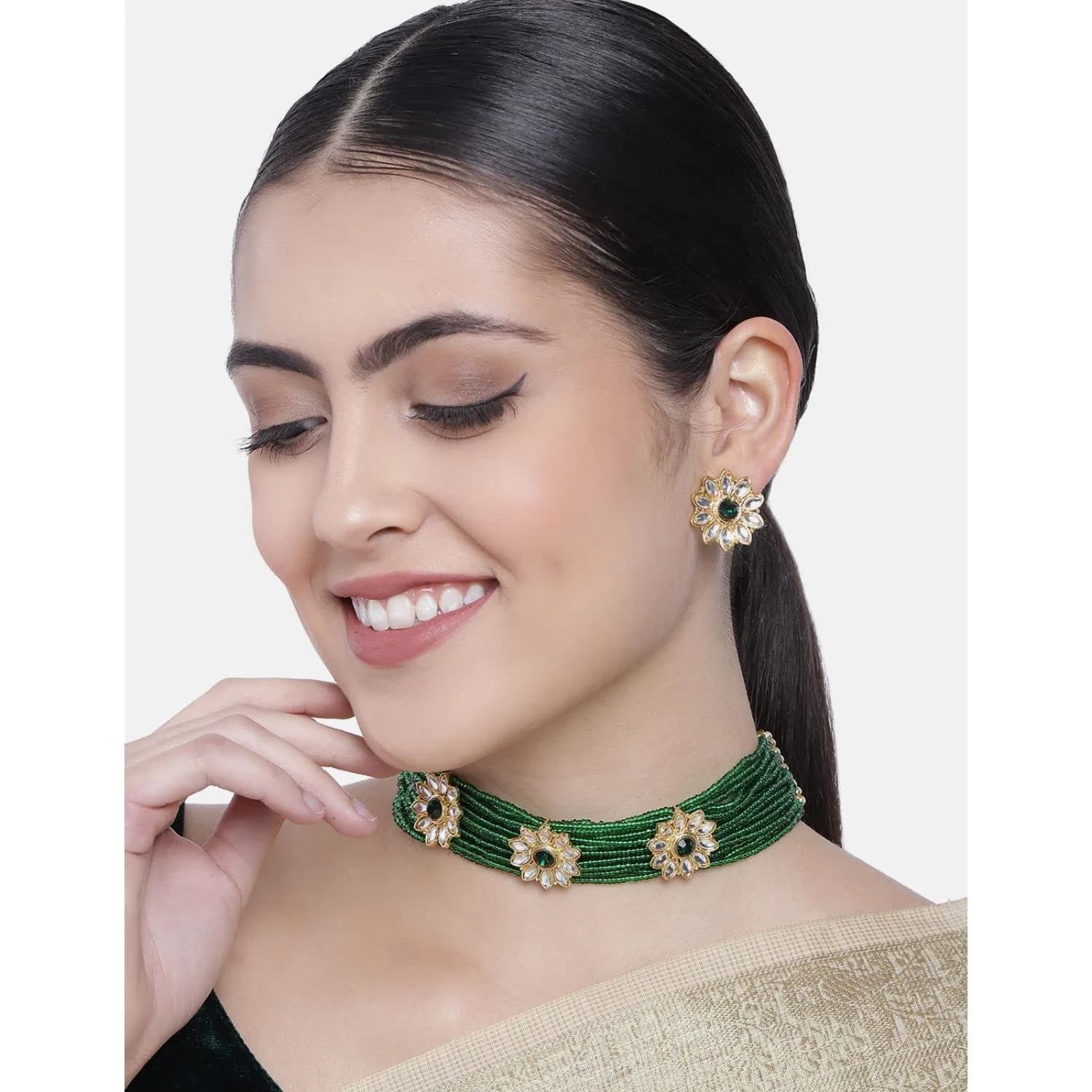 I Jewels Gold Plated Beaded Floral Choker Jewelry Set with Faux Kundan & Earrings for Women (ML228G) | 22.5 cm Necklace Length - view 2