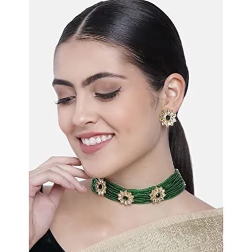 I Jewels Gold Plated Beaded Floral Choker Jewelry Set with Faux Kundan & Earrings for Women (ML228G) | 22.5 cm Necklace Length thumbnail 2