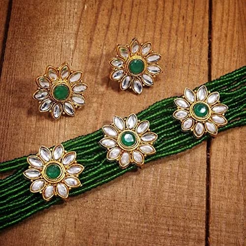 I Jewels Gold Plated Beaded Floral Choker Jewelry Set with Faux Kundan & Earrings for Women (ML228G) | 22.5 cm Necklace Length thumbnail 3