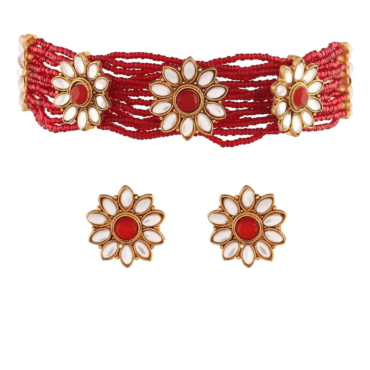 I Jewels 18K Gold Plated Beaded Floral Choker Jewelry Set with Earrings 22.5 cm (8.86 in) | Bollywood Style for Women - main product image