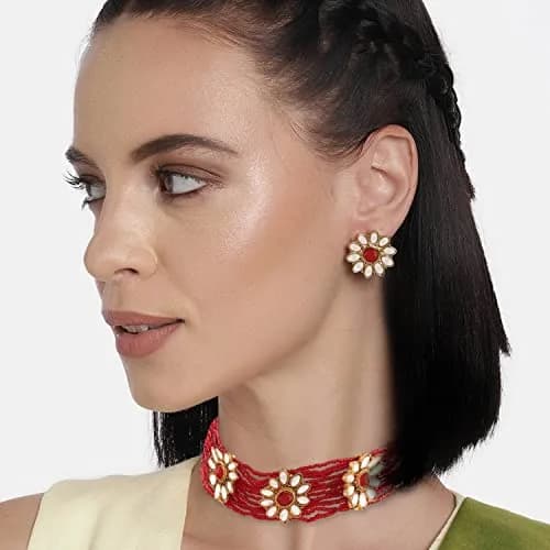 I Jewels 18K Gold Plated Beaded Floral Choker Jewelry Set with Earrings 22.5 cm (8.86 in) | Bollywood Style for Women thumbnail 4