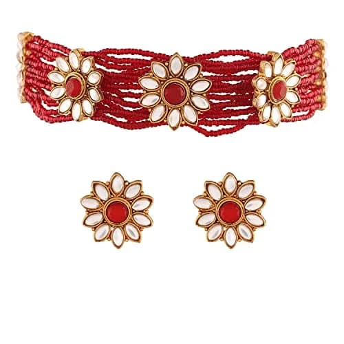 I Jewels 18K Gold Plated Beaded Floral Choker Jewelry Set with Earrings 22.5 cm (8.86 in) | Bollywood Style for Women thumbnail 1