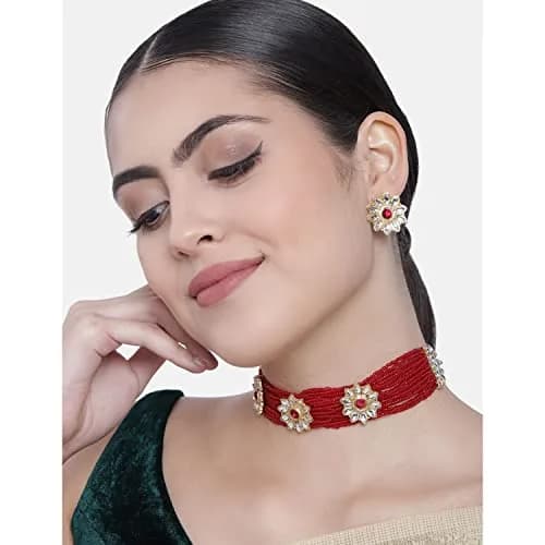 I Jewels 18K Gold Plated Beaded Floral Choker Jewelry Set with Earrings 22.5 cm (8.86 in) | Bollywood Style for Women thumbnail 2