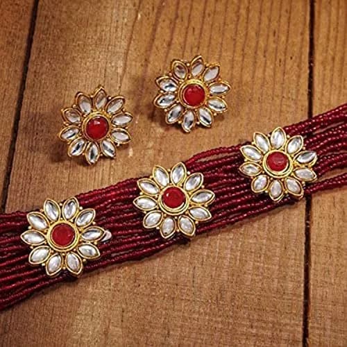 I Jewels 18K Gold Plated Beaded Floral Choker Jewelry Set with Earrings 22.5 cm (8.86 in) | Bollywood Style for Women thumbnail 3