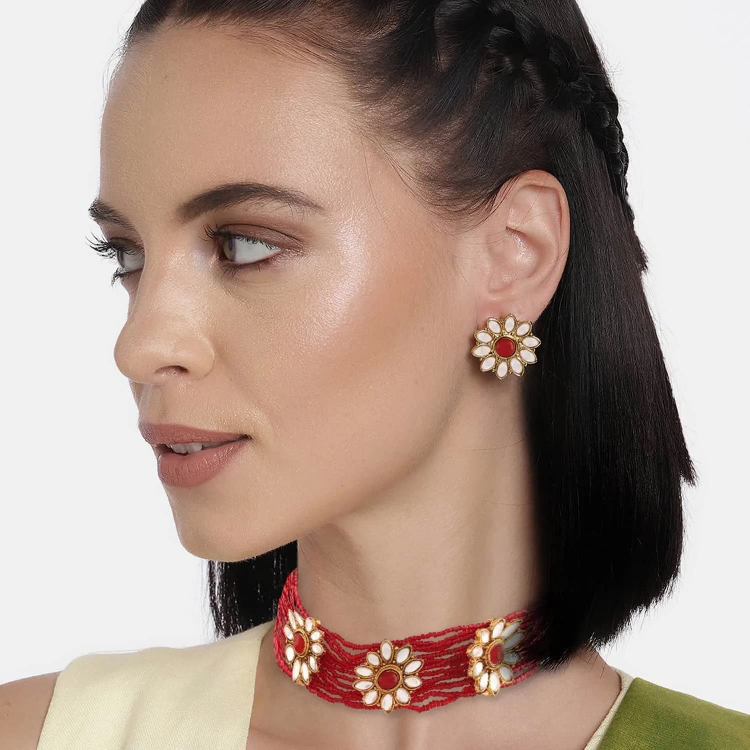 I Jewels 18K Gold Plated Beaded Floral Choker Jewelry Set with Earrings 22.5 cm (8.86 in) | Bollywood Style for Women - view 4