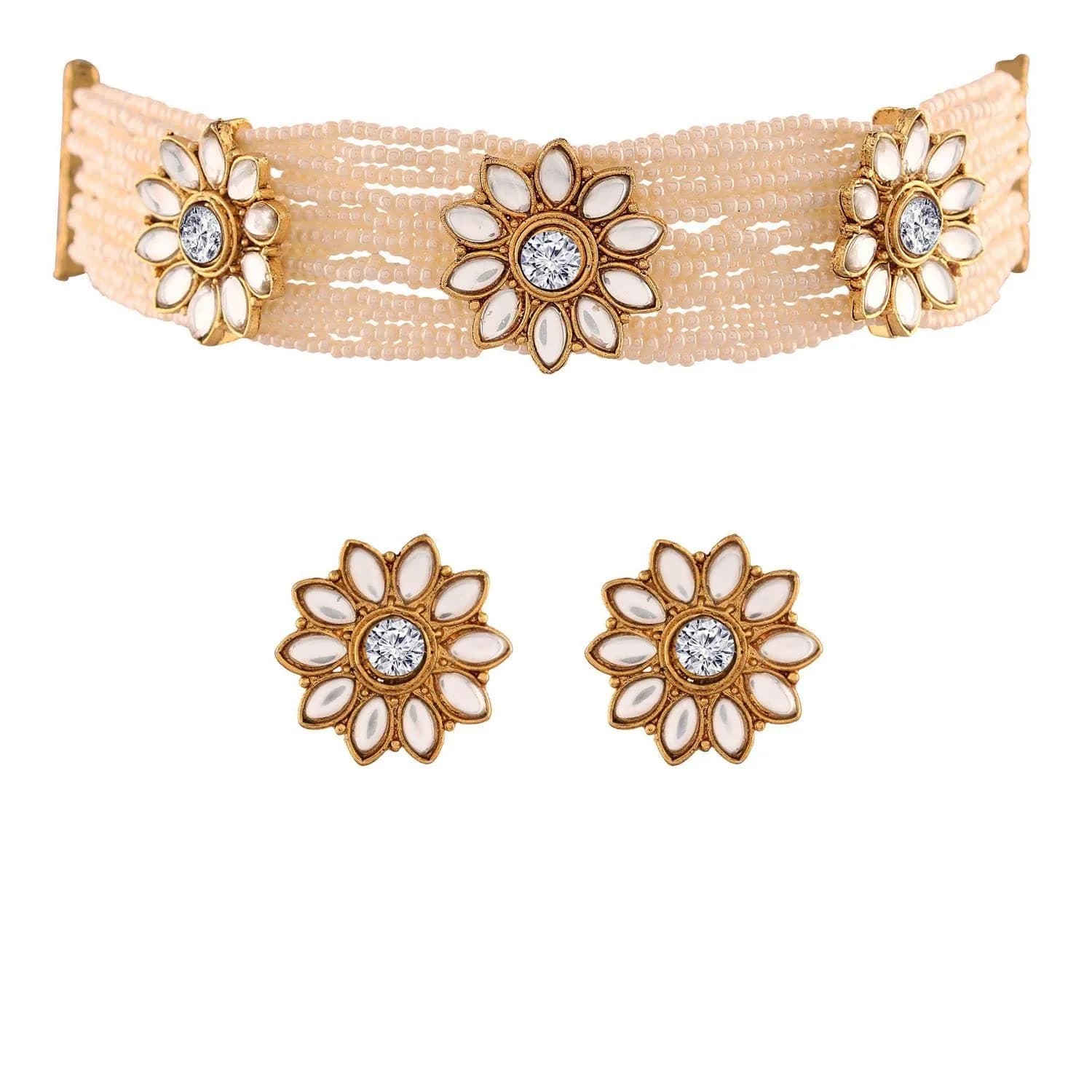 I Jewels Gold Plated Kundan & Pearl Choker Necklace Jewelry Set with Studs for Women | 22.5 cm Necklace - main product image