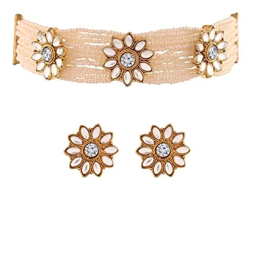 I Jewels Gold Plated Kundan & Pearl Choker Necklace Jewelry Set with Studs for Women | 22.5 cm Necklace thumbnail 1