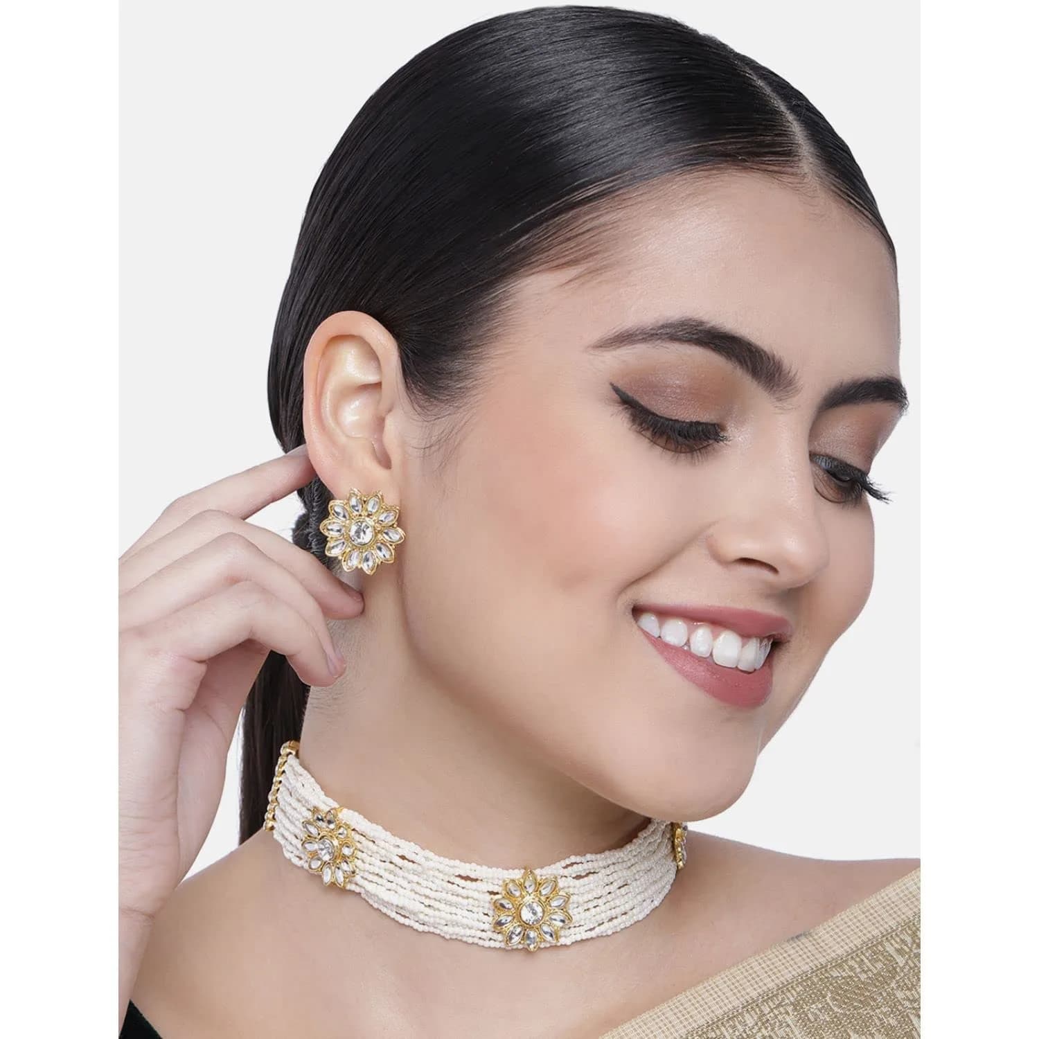 I Jewels Gold Plated Kundan & Pearl Choker Necklace Jewelry Set with Studs for Women | 22.5 cm Necklace - view 2