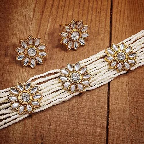 I Jewels Gold Plated Kundan & Pearl Choker Necklace Jewelry Set with Studs for Women | 22.5 cm Necklace thumbnail 3
