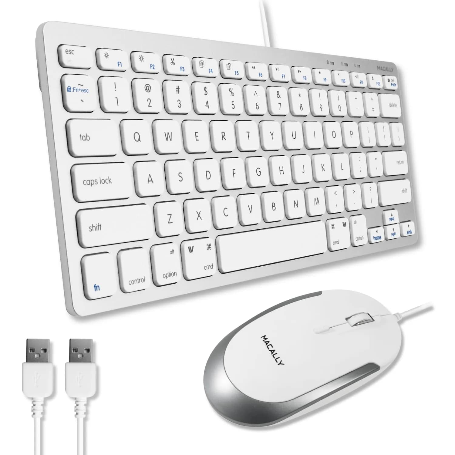 Macally SLIMKEYCACOMBO USB Wired Keyboard and Mouse Combo for Mac and PC - 78-Key Compact Keyboard & 2400 DPI Mouse | Silver — Silver