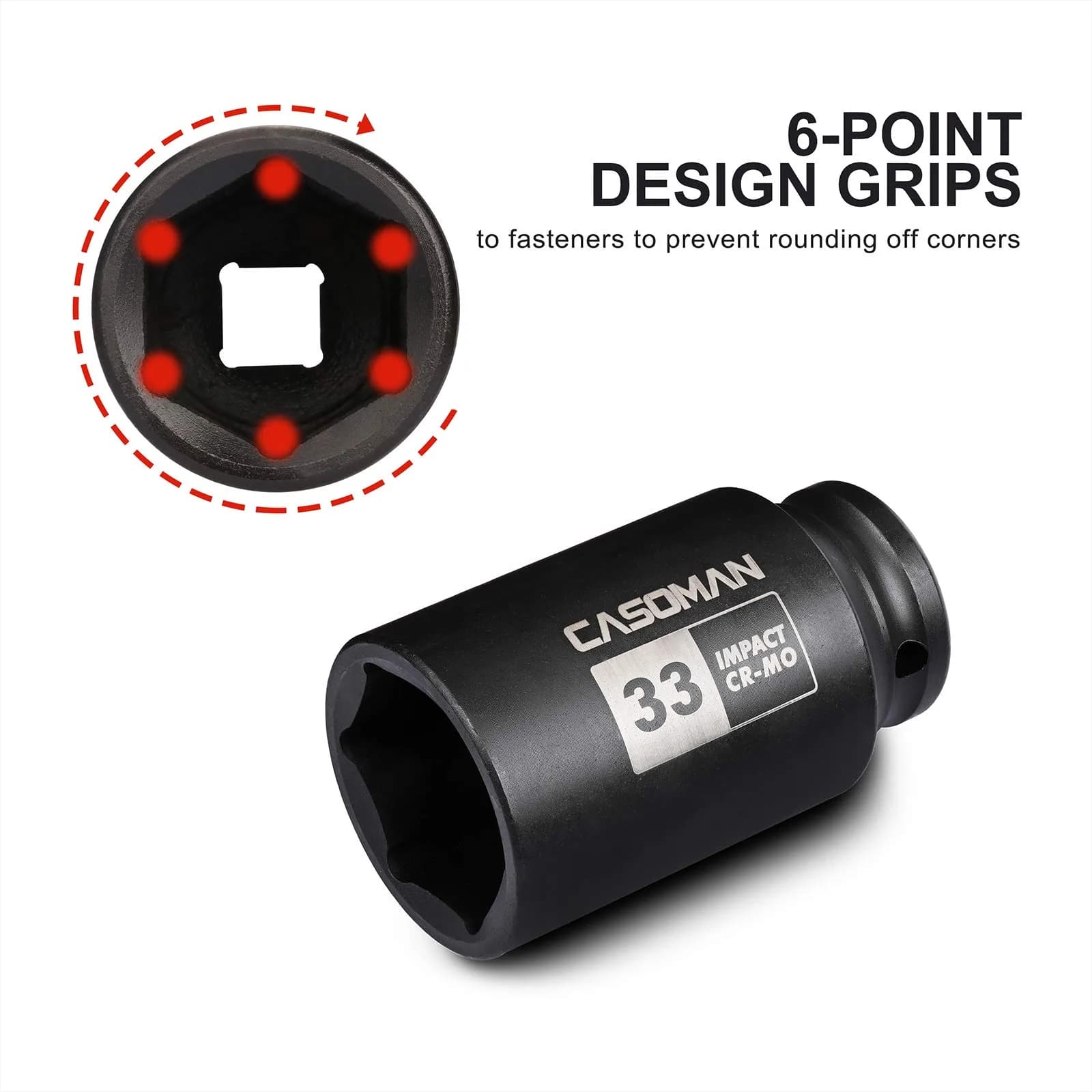 CASOMAN 1/2" Drive x 33 mm Deep 6 PT Impact Socket | CR-MO, 1/2-inch Drive 6 Point Axle Nut Socket for Easy Removal of Axle Shaft Nuts (33MM) - view 2