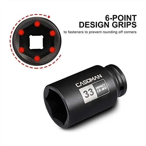 CASOMAN 1/2" Drive x 33 mm Deep 6 PT Impact Socket | CR-MO, 1/2-inch Drive 6 Point Axle Nut Socket for Easy Removal of Axle Shaft Nuts (33MM) thumbnail 2