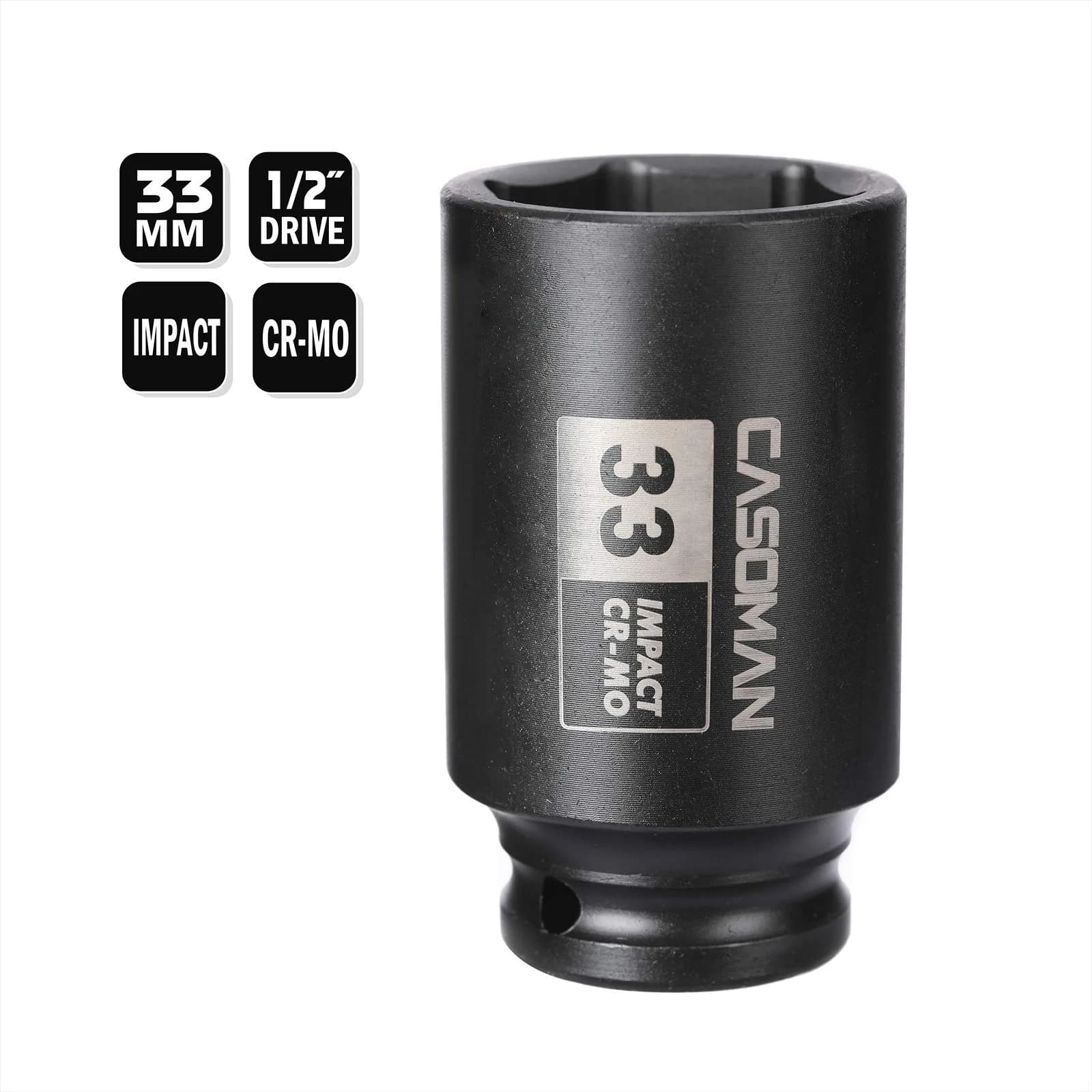 CASOMAN 1/2" Drive x 33 mm Deep 6 PT Impact Socket | CR-MO, 1/2-inch Drive 6 Point Axle Nut Socket for Easy Removal of Axle Shaft Nuts (33MM) - view 4