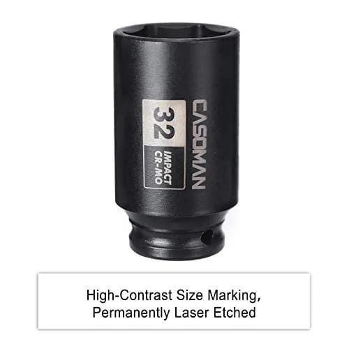 CASOMAN 1/2" Drive x 32 mm Deep 6 PT Impact Socket | CR-MO, 1/2-inch Drive 6 Point Axle Nut Socket for Easy Removal of Axle Shaft Nuts (32MM) thumbnail 6