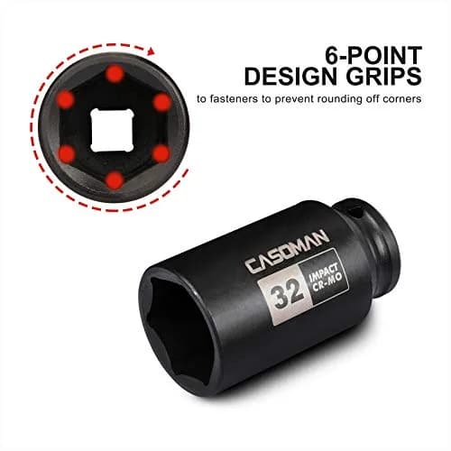 CASOMAN 1/2" Drive x 32 mm Deep 6 PT Impact Socket | CR-MO, 1/2-inch Drive 6 Point Axle Nut Socket for Easy Removal of Axle Shaft Nuts (32MM) thumbnail 2
