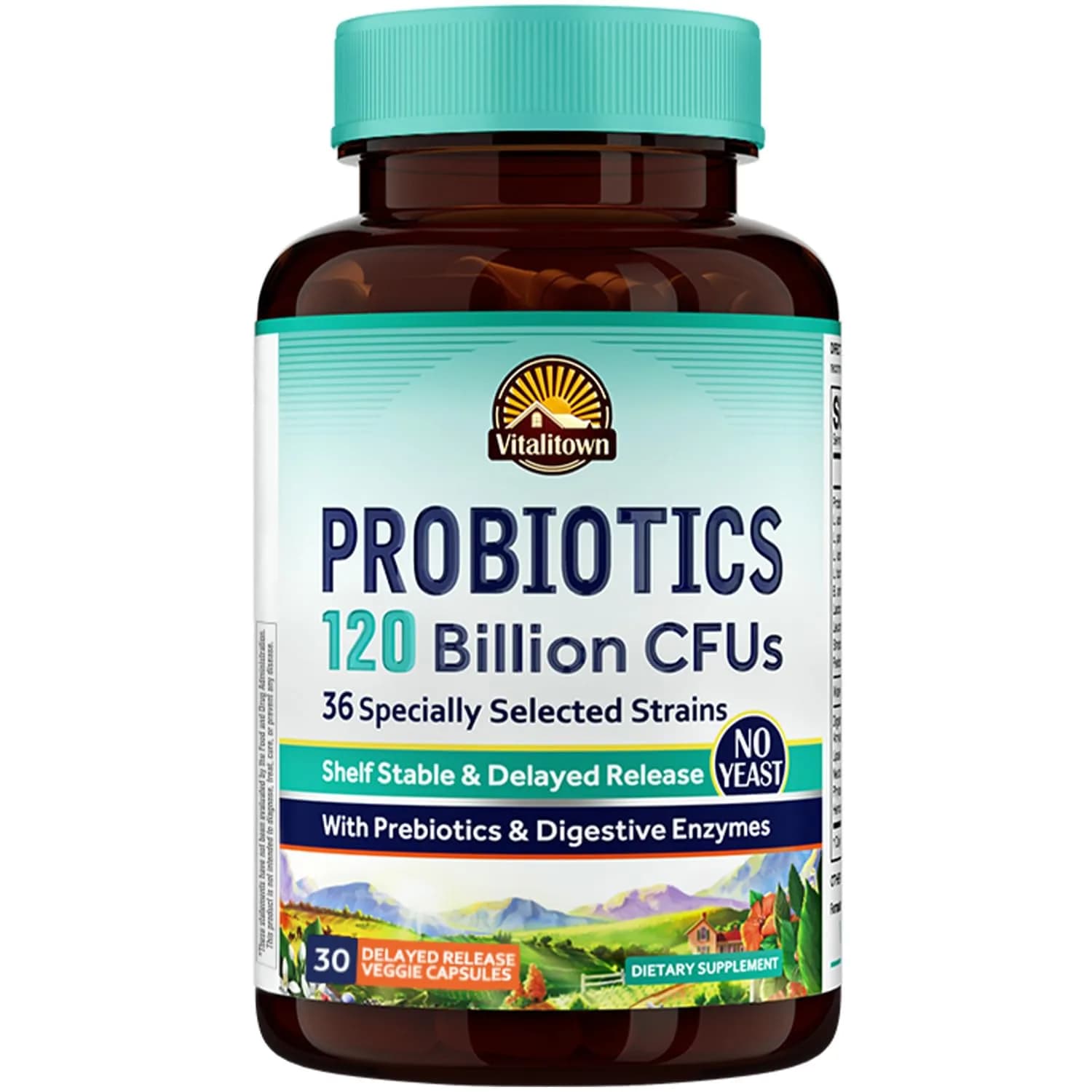 Vitalitown Probiotics 120 Billion CFUs | 36 Strains, with Prebiotics & Digestive Enzymes for Men Women | Shelf Stable | Digestive & Immune Support | Vegan, Non-GMO | 30 Delayed Release Veg Caps — 120 Billion Cfus