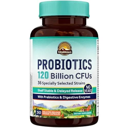 Vitalitown Probiotics 120 Billion CFUs | 36 Strains, with Prebiotics & Digestive Enzymes for Men Women | Shelf Stable | Digestive & Immune Support | Vegan, Non-GMO | 30 Delayed Release Veg Caps thumbnail 1