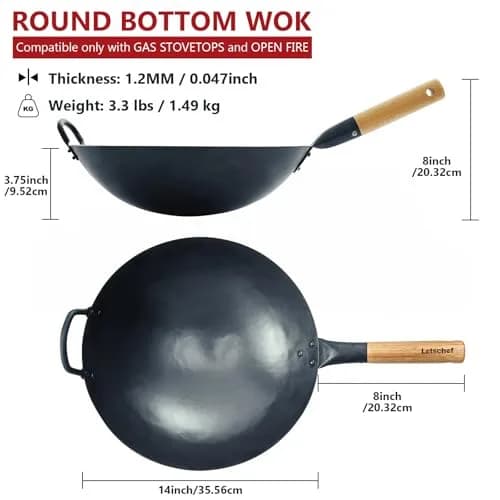 Letschef 14 inch Carbon Steel Wok with Round Bottom-Free Chemical cookware for Gas Stoves thumbnail 2