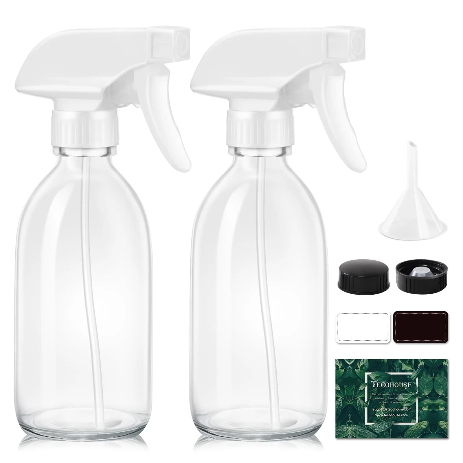Tecohouse Glass Spray Bottles 8oz | Eco-Friendly Reusable Clear Glass Spray Bottles — Clear White Lids