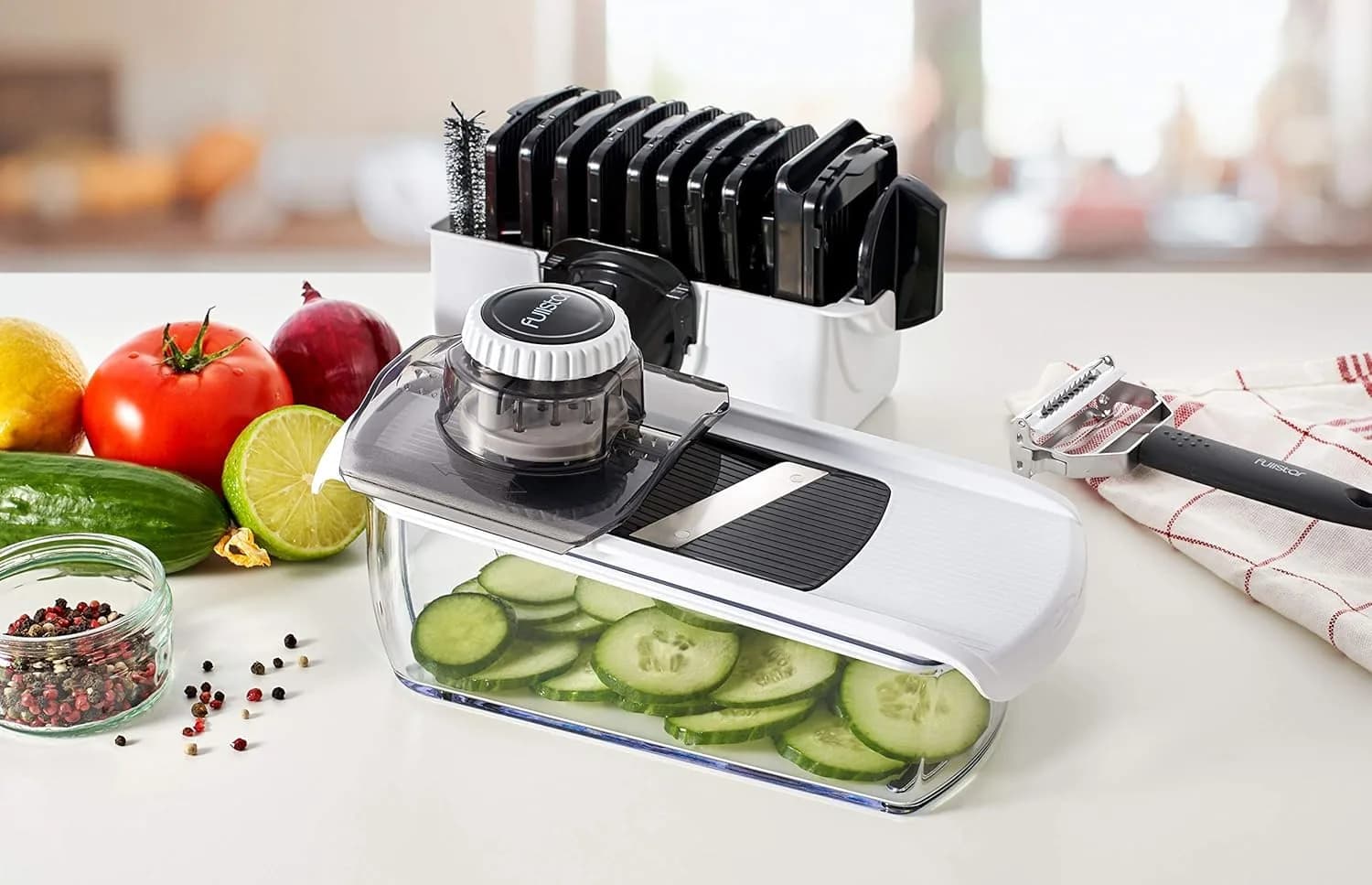 Fullstar 11-in-1 Mandoline Slicer & Food Chopper with Safety Glove (White/Black) | Versatile Kitchen Gadget for Slicing, Grating, Spiralizing - view 9