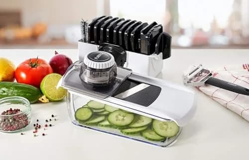 Fullstar 11-in-1 Mandoline Slicer & Food Chopper with Safety Glove (White/Black) | Versatile Kitchen Gadget for Slicing, Grating, Spiralizing thumbnail 9