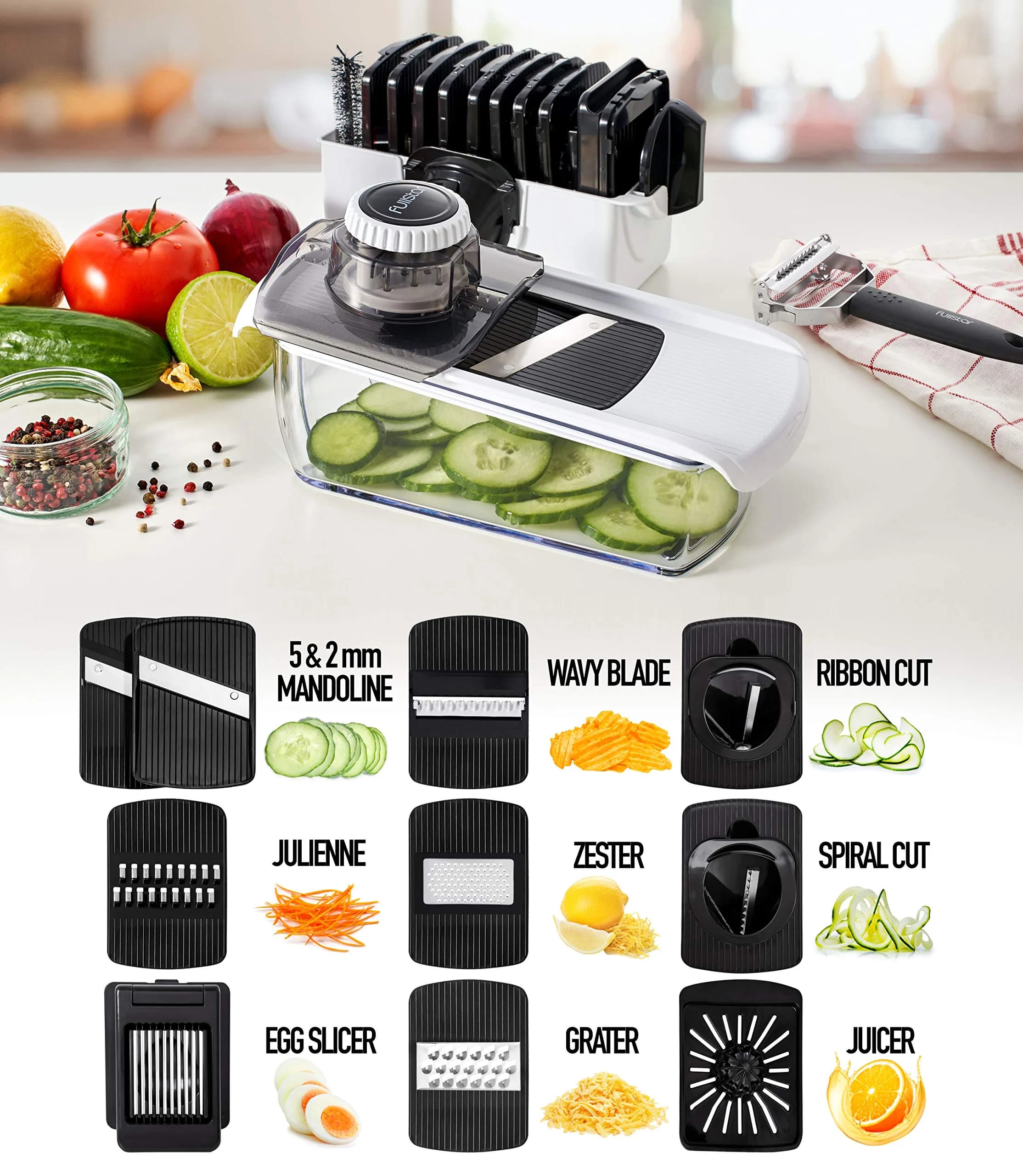 Fullstar 11-in-1 Mandoline Slicer & Food Chopper with Safety Glove (White/Black) | Versatile Kitchen Gadget for Slicing, Grating, Spiralizing - view 3