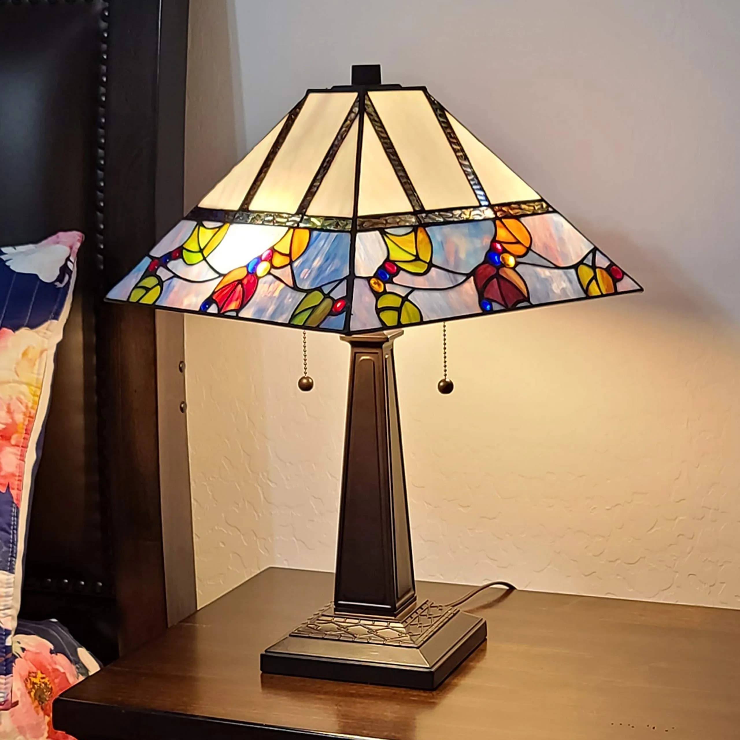 Amora Tiffany Style Table Lamp Banker Mission 22" Tall Stained Glass Multicolor | Vintage Antique Night Stand Living Room Bedroom Decor