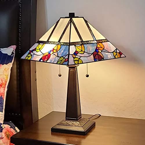 Amora Tiffany Style Table Lamp Banker Mission 22" Tall Stained Glass Multicolor | Vintage Antique Night Stand Living Room Bedroom Decor thumbnail 1