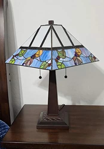 Amora Tiffany Style Table Lamp Banker Mission 22" Tall Stained Glass Multicolor | Vintage Antique Night Stand Living Room Bedroom Decor thumbnail 4