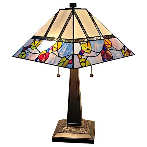 Amora Tiffany Style Table Lamp Banker Mission 22" Tall Stained Glass Multicolor | Vintage Antique Night Stand Living Room Bedroom Decor thumbnail 5