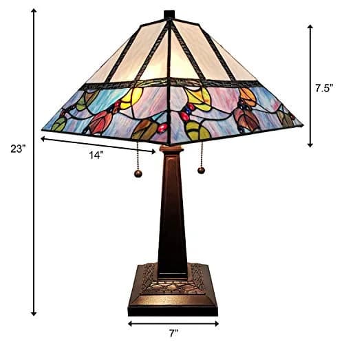 Amora Tiffany Style Table Lamp Banker Mission 22" Tall Stained Glass Multicolor | Vintage Antique Night Stand Living Room Bedroom Decor thumbnail 6