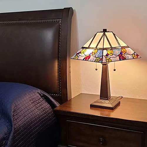 Amora Tiffany Style Table Lamp Banker Mission 22" Tall Stained Glass Multicolor | Vintage Antique Night Stand Living Room Bedroom Decor thumbnail 2