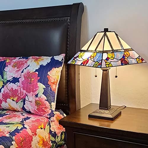 Amora Tiffany Style Table Lamp Banker Mission 22" Tall Stained Glass Multicolor | Vintage Antique Night Stand Living Room Bedroom Decor thumbnail 3