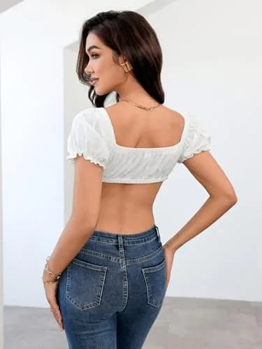 SweatyRocks Women's Sexy Tie Front Crop Top V Neck Puff Short Sleeve Shirt | Summer Casual Slim Fit thumbnail 6