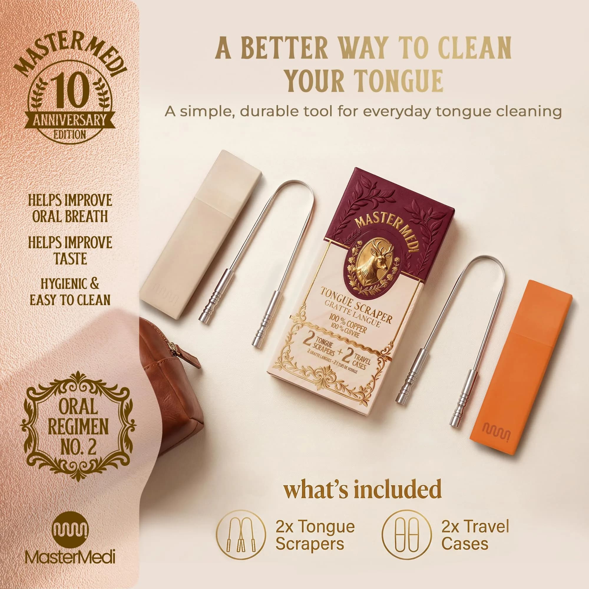 MasterMedi Copper Tongue Scraper Set of 2 with Travel Case | Ayurvedic Oral Care for Fresh Breath - view 6