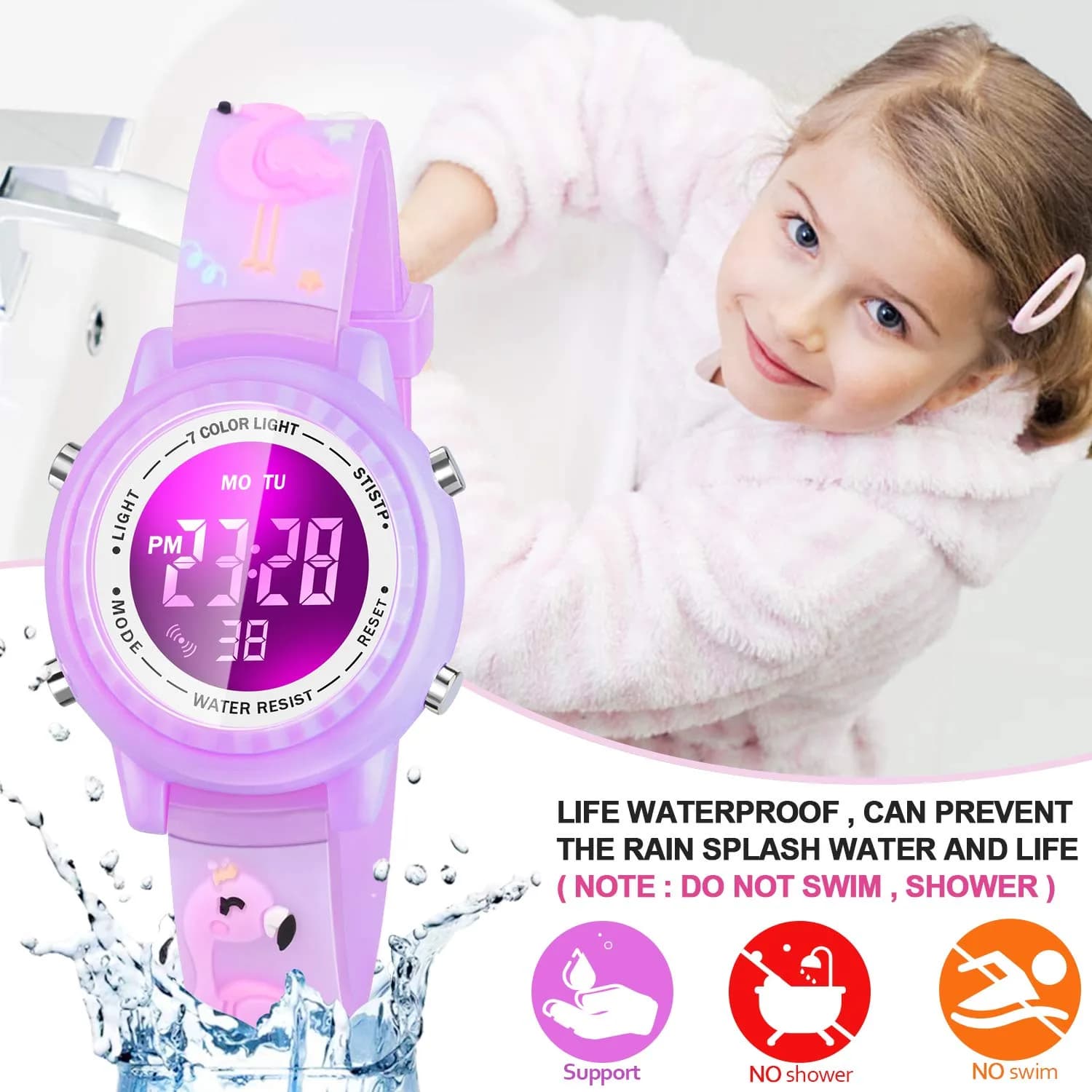Viposoon Kids Watch Flamingo Purple 35mm (1.4in) | Fun 3D Cartoon Design for Girls Ages 4-8 - view 4