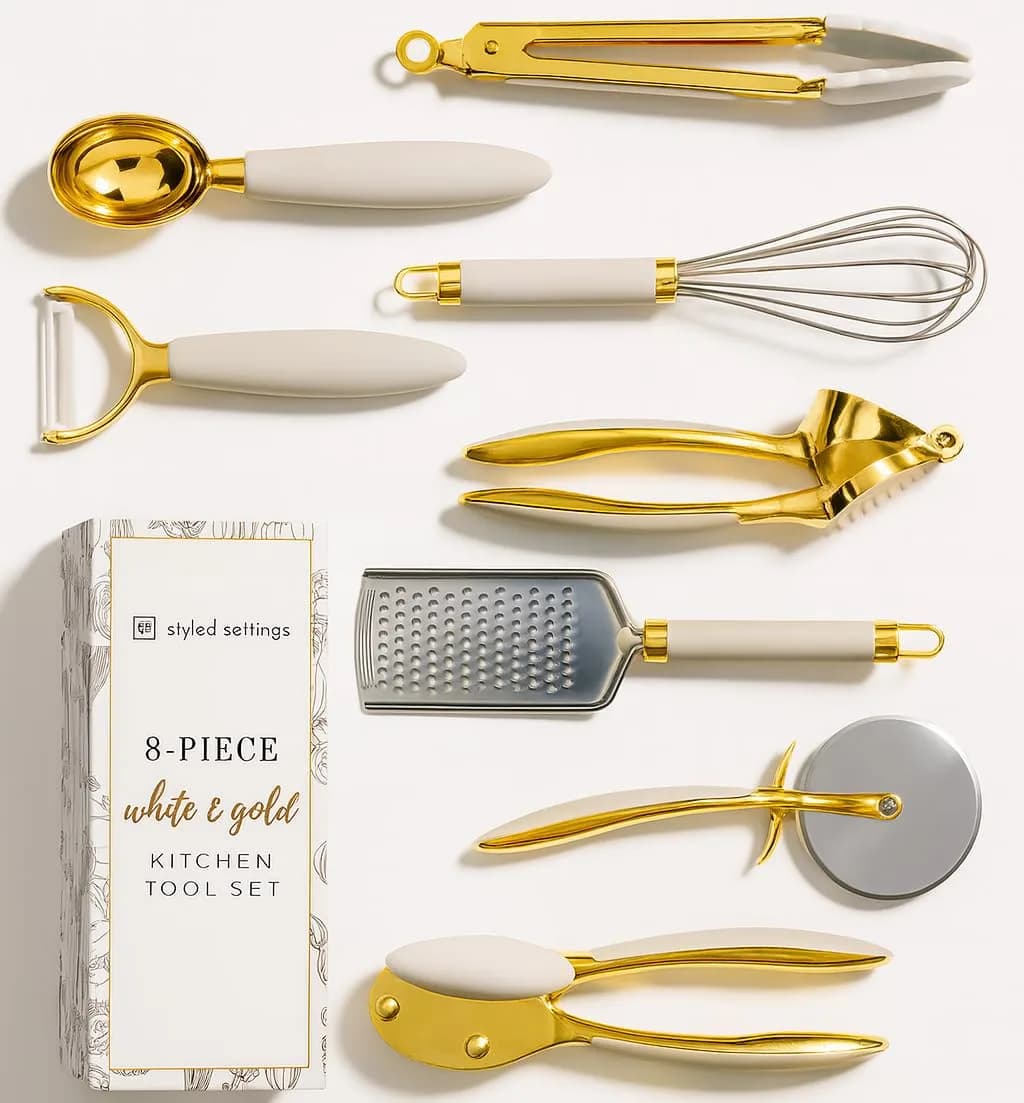 Styled Settings White & Gold Cooking Utensils Set, 8-Piece | Glamorous Kitchen Tools for Modern Homes
