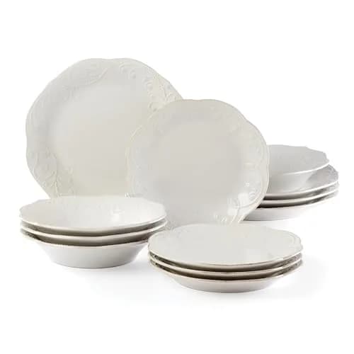 Lenox French Perle 12-Piece White Stoneware Dinnerware Set | Service for 4 thumbnail 1