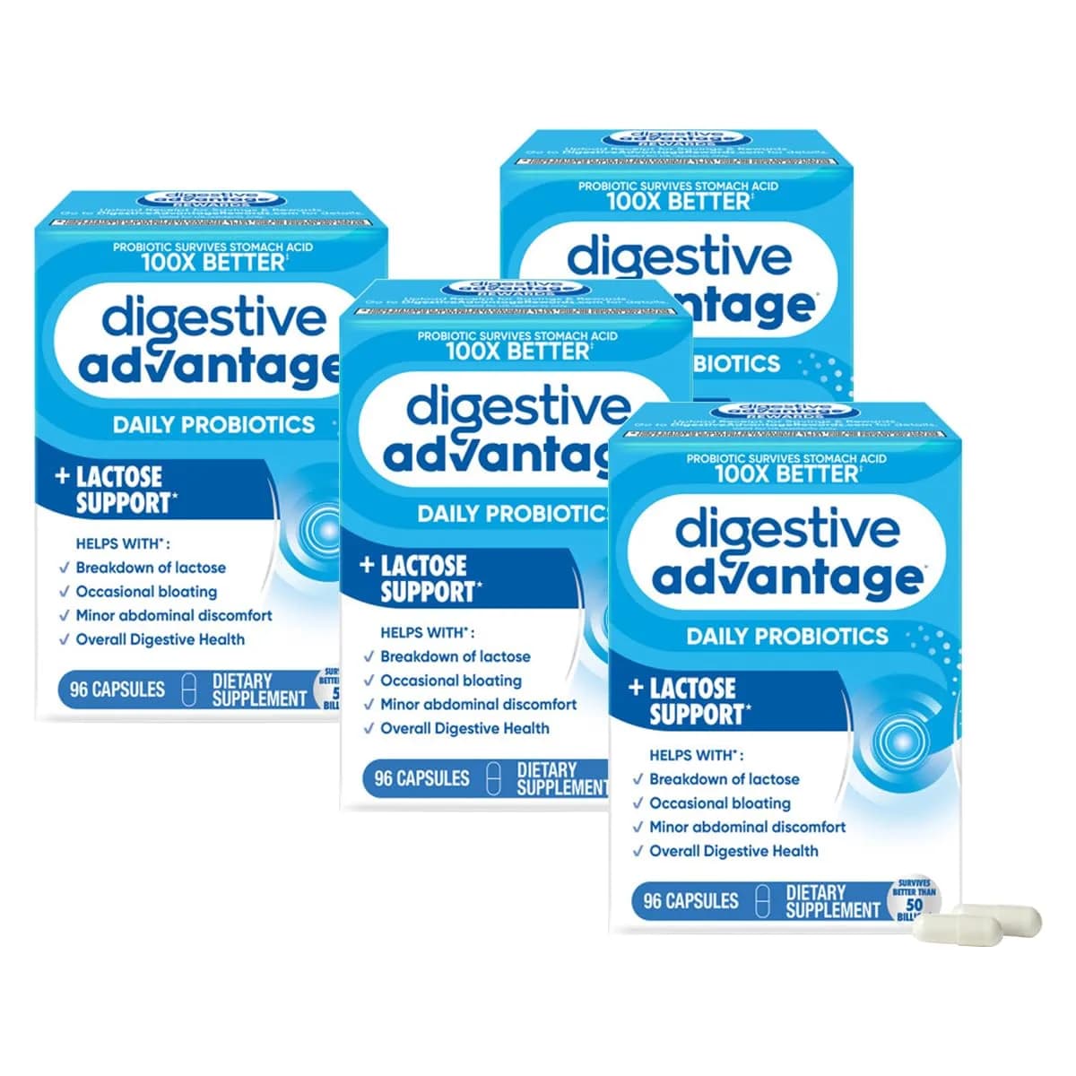 Digestive Advantage Probiotics + Lactase Digestive Enzymes for Digestive Health | Daily Support for Women & Men (96ct Pack of 4)